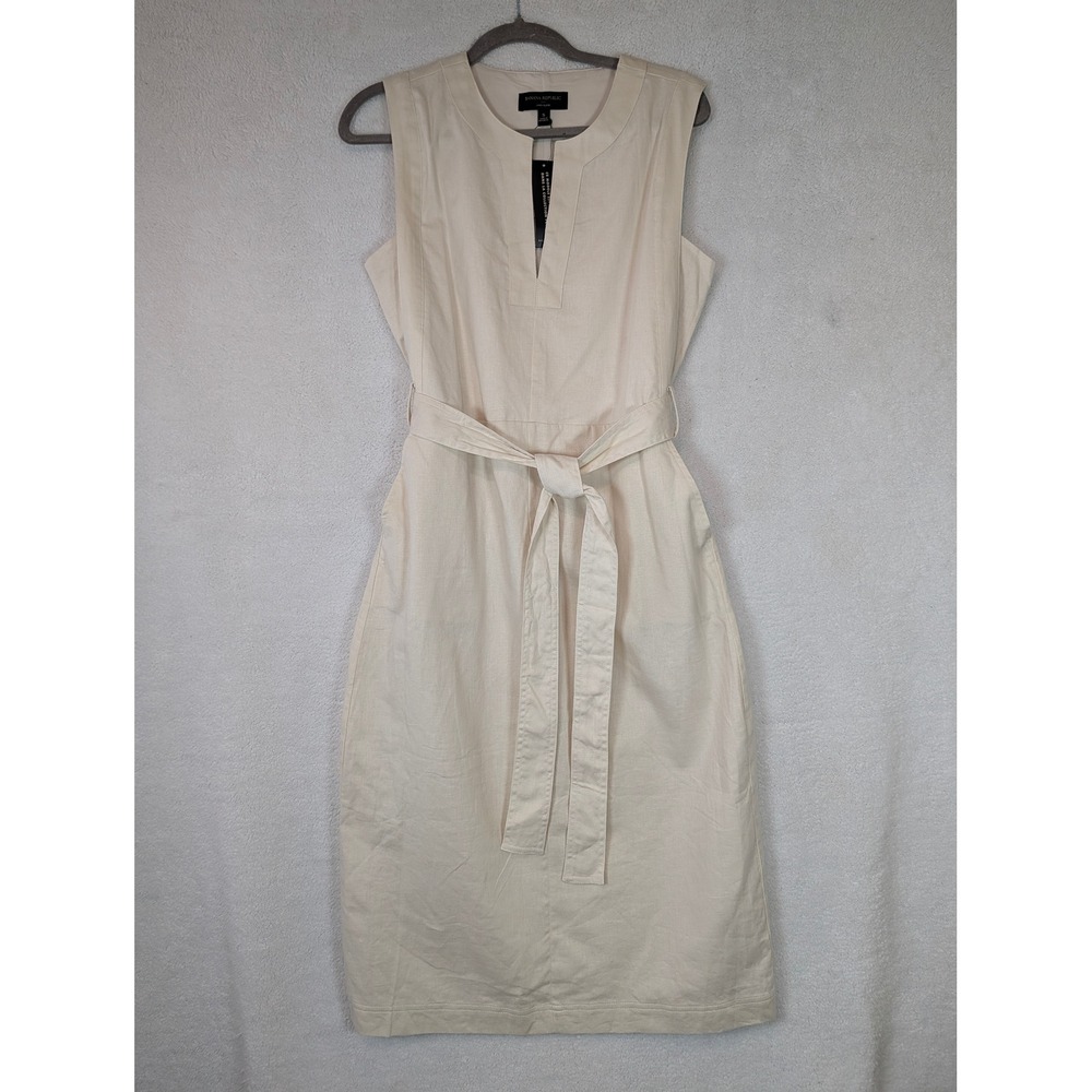 Banana Republic Linen Blend Sheath Dress Cream Sleeveless Tie Waist S NWT